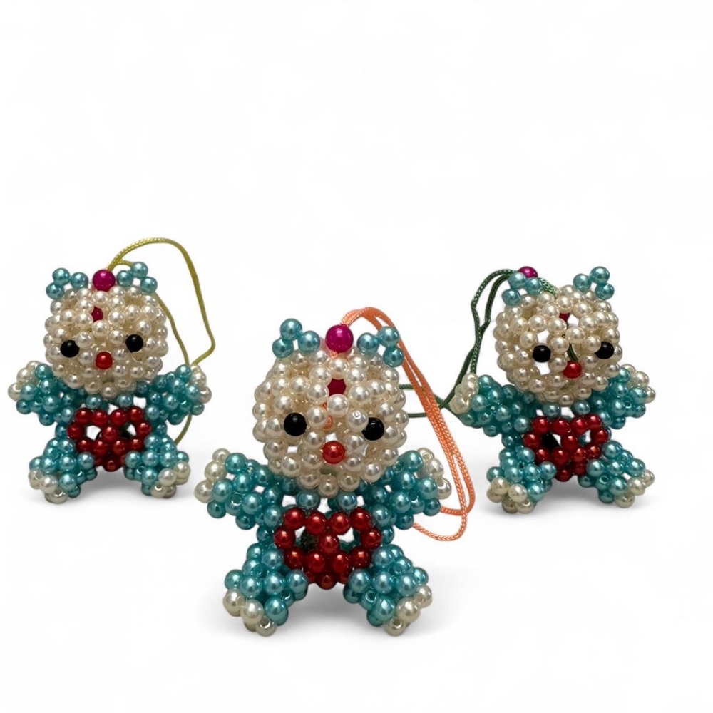 Handmade Beaded Bear Ornaments – Blue & Red Heart (Set of 3)